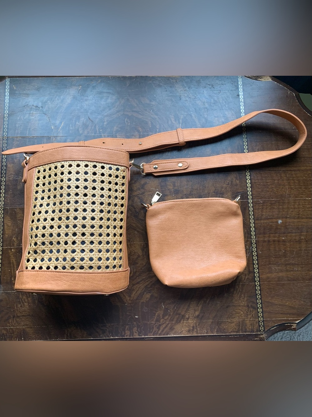 Tan Woven Crossbody Bag with Removable Matching Pouch